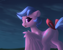 Size: 2400x1900 | Tagged: safe, artist:shido-tara, character:firefly, species:pegasus, species:pony, g1, butt, cutie mark, female, grass, grass field, looking at you, mare, night, night sky, open mouth, sky, solo