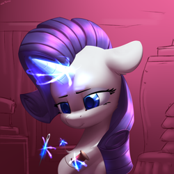 Size: 2400x2400 | Tagged: safe, artist:shido-tara, character:rarity, species:pony, species:unicorn, biting, bust, female, focused, glowing horn, high res, horn, magic, needle, portrait, sewing, simple background, solo, spool, telekinesis, thread