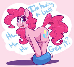 Size: 2421x2173 | Tagged: safe, artist:graphene, character:pinkie pie, species:earth pony, species:pony, balancing, ball, cute, dialogue, diapinkes, female, laughing, looking at you, mare, open mouth, pink background, pun, simple background, smiling, solo, speech bubble
