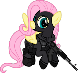 Size: 6000x5607 | Tagged: safe, artist:n0kkun, character:fluttershy, species:pegasus, species:pony, ak-103, assault rifle, badass, balaclava, belt, boots, clothing, cyrillic, female, flutterbadass, flying, fsb, gloves, gun, handgun, holster, jacket, mare, mask, p-96s, pants, pistol, police, pouch, rifle, russian, shoes, simple background, solo, transparent background, weapon