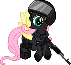 Size: 6000x5528 | Tagged: safe, alternate version, artist:n0kkun, character:fluttershy, species:pegasus, species:pony, ak-103, assault rifle, badass, balaclava, belt, boots, clothing, cyrillic, female, flutterbadass, flying, fsb, gloves, gun, handgun, helmet, holster, jacket, mare, mask, p-96s, pants, pistol, police, pouch, ppe, rifle, russian, shoes, simple background, solo, transparent background, weapon