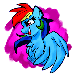 Size: 1509x1521 | Tagged: safe, artist:graphene, character:rainbow dash, species:pegasus, species:pony, abstract background, bust, chest fluff, ear fluff, female, mare, open mouth, profile, solo