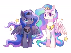 Size: 1417x1063 | Tagged: safe, artist:leafywind, character:princess celestia, character:princess luna, species:alicorn, species:pony, colored pupils, crown, cute, cutelestia, duo, female, jewelry, lunabetes, mare, no nose, obtrusive watermark, regalia, royal sisters, siblings, simple background, sisters, stars, watermark, white background