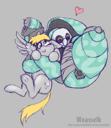 Size: 696x806 | Tagged: safe, artist:weasselk, character:derpy hooves, species:human, species:pegasus, species:pony, armor, clem, crossover, cute, doodle, heart, hug, science fiction, smiling, warframe