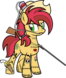 Size: 4000x4742 | Tagged: safe, alternate version, artist:icey-wicey-1517, artist:n0kkun, edit, oc, oc only, oc:rootin' tootin', species:earth pony, species:pony, alcohol, beer, beer can, blackletter, can, clothing, collaboration, color, color edit, colored, cowboy hat, double barreled shotgun, drinking hat, ear piercing, earring, female, gun, handgun, hat, holster, jewelry, mare, piercing, redneck, revolver, shotgun, simple background, solo, tattoo, transparent background, weapon