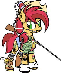 Size: 4000x4731 | Tagged: safe, alternate version, artist:icey-wicey-1517, artist:n0kkun, edit, oc, oc only, oc:rootin' tootin', species:earth pony, species:pony, alcohol, bandage, beer, beer can, belt, blackletter, boots, can, clothing, collaboration, color, color edit, colored, cowboy boots, cowboy hat, daisy dukes, double barreled shotgun, drinking hat, ear piercing, earring, female, flannel, gun, handgun, hat, holster, jewelry, mare, piercing, redneck, revolver, shoes, shorts, shotgun, simple background, socks, solo, striped socks, tank top, tattoo, transparent background, weapon