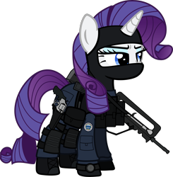 Size: 6000x6113 | Tagged: safe, artist:n0kkun, part of a set, character:rarity, species:pony, species:unicorn, armor, assault rifle, balaclava, belt, boot, clothing, commission, eyeshadow, famas, female, france, french, gign, gloves, gun, handgun, holster, knee pads, makeup, mare, mask, model 686, pants, police, pouch, radio, revolver, rifle, simple background, solo, transparent background, watch, weapon, wristwatch