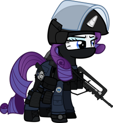 Size: 6000x6528 | Tagged: safe, alternate version, artist:n0kkun, part of a set, character:rarity, species:pony, species:unicorn, armor, assault rifle, balaclava, belt, boot, clothing, commission, eyeshadow, famas, female, france, french, gign, gloves, gun, handgun, helmet, holster, knee pads, makeup, mare, mask, model 686, pants, police, pouch, ppe, radio, revolver, rifle, simple background, solo, transparent background, watch, weapon, wristwatch