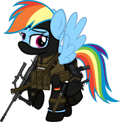 Size: 6000x6091 | Tagged: safe, artist:n0kkun, part of a set, character:rainbow dash, species:pegasus, species:pony, armor, assault rifle, balaclava, belt, boots, clothing, female, flag, german, germany, gloves, gsg9, gun, knife, mare, mp7, pants, police, pouch, radio, raised hoof, raised leg, rifle, shoes, simple background, solo, steyr aug, submachinegun, transparent background, watch, weapon, wristwatch