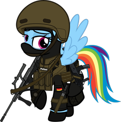 Size: 6000x6046 | Tagged: safe, alternate version, artist:n0kkun, part of a set, character:rainbow dash, species:pegasus, species:pony, armor, assault rifle, balaclava, belt, boots, clothing, female, flag, german, germany, gloves, gsg9, gun, helmet, knife, mare, mp7, pants, police, pouch, radio, raised hoof, raised leg, rifle, shoes, simple background, solo, steyr aug, submachinegun, transparent background, watch, weapon, wristwatch