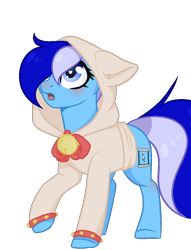 Size: 782x1022 | Tagged: safe, artist:blue pines, artist:cloud-fly, base used, oc, oc only, oc:brushie brusha, species:earth pony, species:pony, bell, blue mane, blushing, bracelet, clothing, cutie mark, earth pony oc, eye, eyes, heart eyes, hood, jewelry, open mouth, simple background, solo, sweater, text, transparent background, vector, wingding eyes