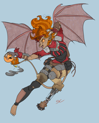 Size: 1890x2362 | Tagged: safe, artist:sourcherry, oc, unnamed oc, species:gargoyle, fallout equestria, armor, bandana, bat wings, bomb, clothing, flying, hair, solo, weapon, wings