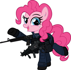 Size: 6000x5845 | Tagged: safe, alternate version, artist:n0kkun, part of a set, character:pinkie pie, species:earth pony, species:pony, armor, assault rifle, bag, belt, boots, clothing, colt canada c8nld, commission, cuffs, earpiece, female, gloves, gun, jacket, mare, mp5, netherlands, open mouth, pants, police, pouch, raised hoof, raised leg, rifle, royal marechaussee, saddle bag, shoes, simple background, solo, submachinegun, transparent background, weapon