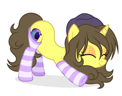 Size: 2250x1783 | Tagged: safe, artist:rioshi, artist:sparkling_light, artist:starshade, oc, oc only, oc:astral flare, species:pony, species:unicorn, beanie, clothing, cute, eyes closed, hat, simple background, socks, solo, stretching, striped socks, white background