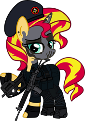 Size: 5000x7112 | Tagged: safe, artist:n0kkun, part of a set, character:sunset shimmer, species:pony, species:unicorn, assault rifle, belt, beret, boots, bope, brazil, clothing, commission, ear piercing, earring, face paint, female, fingerless gloves, gloves, gun, hat, imbel md97, jewelry, knee pads, mare, p90, pants, piercing, police, pouch, radio, rifle, shirt, shoes, simple background, skull, solo, submachinegun, tank top, transparent background, weapon