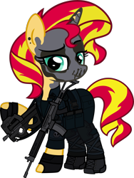 Size: 5000x6664 | Tagged: safe, alternate version, artist:n0kkun, part of a set, character:sunset shimmer, species:pony, species:unicorn, assault rifle, belt, boots, bope, brazil, clothing, commission, ear piercing, earring, face paint, female, fingerless gloves, gloves, gun, imbel md97, jewelry, knee pads, mare, p90, pants, piercing, police, pouch, radio, rifle, shirt, shoes, simple background, skull, solo, submachinegun, tank top, transparent background, weapon