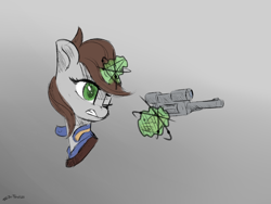 Size: 1200x900 | Tagged: safe, artist:shido-tara, oc, oc only, oc:littlepip, species:pony, species:unicorn, fallout equestria, aiming, angry, clothing, fanfic, fanfic art, female, glowing horn, gradient background, gritted teeth, gun, handgun, horn, levitation, little macintosh, magic, mare, one eye closed, optical sight, revolver, scope, sketch, solo, telekinesis, vault suit, weapon