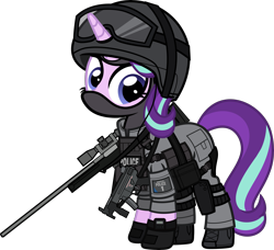 Size: 6000x5475 | Tagged: safe, alternate version, artist:n0kkun, character:starlight glimmer, species:pony, species:unicorn, accuracy international, armor, awm, balaclava, belt, boots, british, clothing, earpiece, female, gloves, goggles, gun, helmet, knee pads, mare, mp5, mp5k, pants, police, pouch, rifle, sco19, shoes, simple background, sniper, sniper rifle, solo, submachinegun, transparent background, united kingdom, watch, weapon, wristwatch