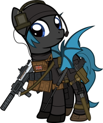 Size: 1920x2271 | Tagged: safe, artist:n0kkun, oc, oc only, oc:starkiller shadow, species:bat pony, species:pony, armor, assault rifle, bat pony oc, bat wings, baton, beanie, belt, boots, clothing, commission, female, flag, gloves, gun, handgun, hat, headset, holster, knife, mare, p226, pants, pistol, pouch, rifle, shoes, simple background, solo, spy suit, transparent background, weapon, wings