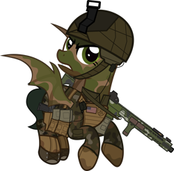 Size: 1920x1879 | Tagged: safe, artist:n0kkun, oc, oc only, oc:rapid fire (ice1517), species:bat pony, species:pony, american flag, armor, assault rifle, bat pony oc, bat wings, belt, boots, camouflage, clothing, commission, dirt, face paint, female, flag, flying, gloves, gritted teeth, gun, handgun, helmet, holster, mare, mud, pants, pistol, pouch, rifle, shoes, simple background, solo, transparent background, weapon, wings