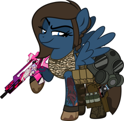Size: 1920x1876 | Tagged: safe, artist:n0kkun, oc, oc only, oc:smoke jewel, species:pegasus, species:pony, assault rifle, belt, boots, camouflage, clothing, commission, dirt, female, g36, gas mask, gloves, grenade, gun, handgun, holster, m1911, mare, mask, midriff, mud, pants, pistol, pouch, raised hoof, rifle, shoes, simple background, smiling, smirk, smug, solo, tank top, tattoo, transparent background, weapon