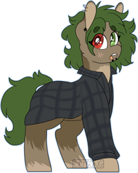 Size: 1537x1921 | Tagged: safe, artist:liefsong, oc, oc only, oc:ame, species:earth pony, species:pony, blushing, clothing, flannel, heterochromia, piercing, simple background, solo, transparent background