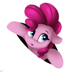 Size: 2500x2500 | Tagged: safe, artist:shido-tara, character:pinkie pie, species:earth pony, species:pony, cute, diapinkes, female, fourth wall, pinkie being pinkie, simple background, solo, white background, worried