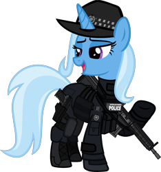 Size: 6000x6400 | Tagged: safe, artist:n0kkun, part of a set, character:trixie, species:pony, species:unicorn, afp, armor, assault rifle, australia, boots, clothing, commission, female, gloves, gun, handgun, hat, hk416, holster, jacket, knee pads, mare, open mouth, pistol, police, pouch, raised hoof, rifle, shoes, simple background, solo, transparent background, usp, weapon