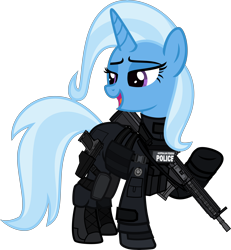 Size: 6000x6483 | Tagged: safe, alternate version, artist:n0kkun, part of a set, character:trixie, species:pony, species:unicorn, afp, armor, assault rifle, australia, boots, clothing, commission, female, gloves, gun, handgun, hk416, holster, jacket, knee pads, mare, open mouth, pistol, police, pouch, raised hoof, rifle, shoes, simple background, solo, transparent background, usp, weapon