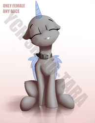 Size: 2100x2700 | Tagged: safe, artist:shido-tara, collar, eyes closed, female, reflection, simple background, smiley face, solo, white background, ych example, your character here