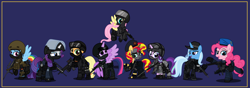 Size: 10000x3524 | Tagged: safe, artist:n0kkun, character:applejack, character:fluttershy, character:pinkie pie, character:rainbow dash, character:rarity, character:starlight glimmer, character:sunset shimmer, character:trixie, character:twilight sparkle, character:twilight sparkle (alicorn), species:alicorn, species:earth pony, species:pegasus, species:pony, species:unicorn, accuracy international, afp, ak-103, armor, assault rifle, aug, australia, awm, balaclava, belt, beret, blue background, boots, bope, brazil, british, bullet, clothing, colt canada c8nld, commission, cuffs, ear piercing, earpiece, earring, face paint, famas, female, fingerless gloves, flying, france, fsb, german, gign, glock, glock 17, gloves, goggles, grenade, gsg9, gun, handgun, hat, helmet, hk416, holster, imbel md97, jacket, jewelry, knee pads, knife, m4a1, mane six, mare, model 686, mp5, mp5k, mp7, netherlands, open mouth, p-965, p90, pants, piercing, pistol, police, pouch, radio, raised hoof, raised leg, remington 870, revolver, rifle, royal marechaussee, sawed off shotgun, sco19, sek, shirt, shoes, shotgun, shotgun shell, simple background, skull, sniper, sniper rifle, steyr aug, submachinegun, swat, united kingdom, united states, usp, visor, wall of tags, weapon