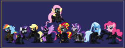 Size: 9999x3886 | Tagged: safe, alternate version, artist:n0kkun, character:applejack, character:fluttershy, character:pinkie pie, character:rainbow dash, character:rarity, character:starlight glimmer, character:sunset shimmer, character:trixie, character:twilight sparkle, character:twilight sparkle (alicorn), species:alicorn, species:earth pony, species:pegasus, species:pony, species:unicorn, accuracy international, afp, ak-103, armor, assault rifle, aug, australia, awm, balaclava, belt, blue background, boots, bope, brazil, british, bullet, clothing, colt canada c8nld, commission, cuffs, ear piercing, earpiece, earring, face paint, famas, female, fingerless gloves, flying, france, fsb, german, gign, glock, glock 17, gloves, grenade, gsg9, gun, handgun, hk416, holster, imbel md97, jacket, jewelry, knee pads, knife, m4a1, mane six, mare, model 686, mp5, mp5k, mp7, netherlands, open mouth, p-965, p90, pants, piercing, pistol, police, pouch, radio, raised hoof, raised leg, remington 870, revolver, rifle, royal marechaussee, sawed off shotgun, sco19, sek, shirt, shoes, shotgun, shotgun shell, simple background, skull, sniper, sniper rifle, steyr aug, submachinegun, swat, united kingdom, united states, usp, wall of tags, weapon