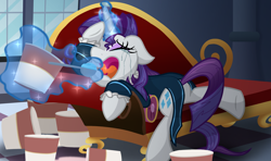 Size: 2200x1300 | Tagged: safe, artist:geraritydevillefort, character:rarity, species:pony, species:unicorn, crying, fainting couch, female, food, ice cream, magic, mare, marshmelodrama, rarifort, rarity being rarity, solo, the count of monte cristo, villefort