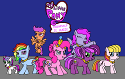 Size: 1690x1065 | Tagged: safe, artist:logan jones, character:cheerilee, character:pinkie pie, character:rainbow dash, character:scootaloo, character:starsong, character:sweetie belle, character:toola roola (g3), species:pegasus, species:pony, series:core seven friendship is magic, g3.5, alternate universe, big crown thingy, core seven, core seven elements of harmony, earth pony rainbow dash, flying, g3.5 to g4, generation leap, jewelry, my little pony logo, rainbow dash always dresses in style, regalia, scootaloo can fly