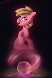 Size: 1800x2700 | Tagged: safe, artist:shido-tara, oc, oc:puppysmiles, fallout equestria, dark background, fallout equestria: pink eyes, fanfic art, female, filly, ghost, helmet, pink cloud (fo:e), simple background, smiling, undead
