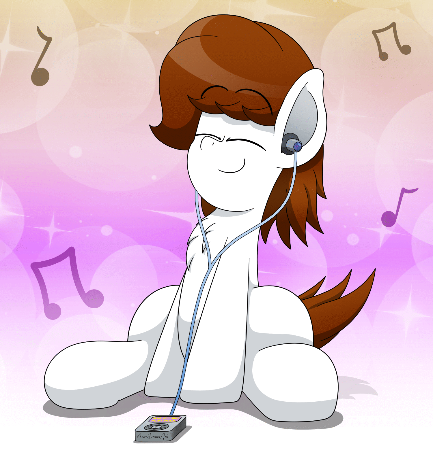 Size: 1500x1600 | Tagged: safe, artist:aarondrawsarts, oc, oc:brain teaser, species:earth pony, species:pony, animated, chest fluff, dancing, earbuds, headbob, male, mp3 player, music notes, sitting