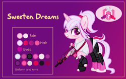 Size: 3001x1881 | Tagged: safe, artist:n0kkun, oc, oc only, oc:sweeten dreams, species:pony, species:unicorn, assault rifle, belt, boots, clothing, female, fingerless gloves, freckles, g36, gloves, gun, heckler and koch, knife, leggings, mare, markings, multicolored hair, raised hoof, reference sheet, rifle, shirt, shoes, solo, watch, weapon, wristwatch