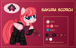 Size: 3001x1881 | Tagged: safe, artist:n0kkun, oc, oc only, oc:sakura scorch, species:pegasus, species:pony, armor, ash-12.7, assault rifle, body armor, boots, clothing, female, freckles, gloves, gun, mare, pants, pouch, raised hoof, reference sheet, rifle, shoes, solo, weapon