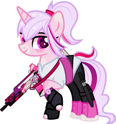 Size: 1600x1699 | Tagged: safe, alternate version, artist:n0kkun, oc, oc only, oc:sweeten dreams, species:pony, species:unicorn, assault rifle, belt, boots, clothing, female, fingerless gloves, freckles, g36, gloves, gun, heckler and koch, knife, leggings, mare, markings, multicolored hair, raised hoof, rifle, shirt, shoes, simple background, solo, transparent background, watch, weapon, wristwatch