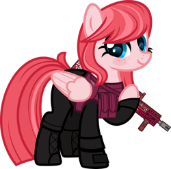 Size: 1600x1575 | Tagged: safe, artist:n0kkun, oc, oc only, oc:sakura scorch, species:pegasus, species:pony, armor, ash-12.7, assault rifle, body armor, boots, clothing, female, freckles, gloves, gun, mare, pants, pouch, raised hoof, rifle, shoes, simple background, solo, transparent background, weapon
