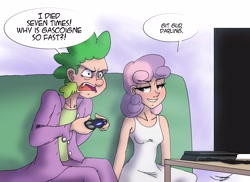 Size: 4096x2978 | Tagged: safe, artist:ringteam, character:spike, character:sweetie belle, species:human, ship:spikebelle, bloodborne, dialogue, female, gamer belle, humanized, male, meme, playstation 4, rage, rage face, shipping, speech bubble, straight