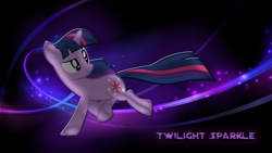 Size: 1920x1080 | Tagged: safe, artist:ckittykat98, artist:sugar-loop, edit, character:twilight sparkle, character:twilight sparkle (unicorn), species:pony, species:unicorn, female, grin, looking back, mare, running, smiling, solo, text, wallpaper, wallpaper edit