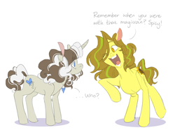 Size: 1280x951 | Tagged: safe, artist:laceymod, oc, oc only, oc:lovelace, oc:sunflower, species:earth pony, species:pony, dialogue, duo, female, mare, open mouth, simple background