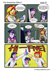 Size: 1000x1395 | Tagged: safe, artist:advanceddefense, artist:bluecarnationstudios, character:sunset shimmer, character:twilight sparkle, character:twilight sparkle (scitwi), species:eqg human, comic:the amazonian effect, my little pony:equestria girls, clothing, comic, explicit series, high five, lab coat, patreon, test tube, the science sisters, twolight