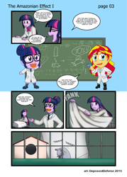 Size: 1000x1396 | Tagged: safe, artist:advanceddefense, artist:bluecarnationstudios, character:sunset shimmer, character:twilight sparkle, character:twilight sparkle (scitwi), species:eqg human, comic:the amazonian effect, my little pony:equestria girls, cage, chalkboard, chibi, comic, explicit series, looney tunes, mouse, patreon, science, speedy gonzales, this will end in science, twolight