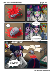 Size: 1000x1396 | Tagged: safe, artist:advanceddefense, artist:bluecarnationstudios, character:sunset shimmer, character:twilight sparkle, character:twilight sparkle (scitwi), species:eqg human, comic:the amazonian effect, my little pony:equestria girls, ..., chemicals, clothing, comic, explicit series, goggles, lab coat, mouse, twolight