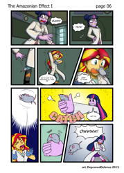 Size: 1000x1395 | Tagged: safe, artist:advanceddefense, artist:bluecarnationstudios, character:sunset shimmer, character:twilight sparkle, character:twilight sparkle (scitwi), species:eqg human, comic:the amazonian effect, my little pony:equestria girls, biting, blushing, canterlot high, clothing, comic, counterparts, dialogue, explicit series, eyes closed, glasses, lab coat, mouse, open mouth, patreon, red eyes, skirt, speech bubble, talking, transformation, twilight's counterparts, twolight