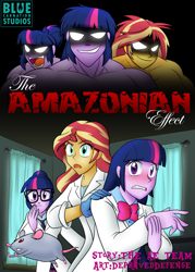 Size: 1697x2367 | Tagged: safe, artist:advanceddefense, artist:bluecarnationstudios, character:sunset shimmer, character:twilight sparkle, character:twilight sparkle (scitwi), species:eqg human, comic:the amazonian effect, my little pony:equestria girls, amazon, amazonian, blushing, buff, clothing, cover, death by snu snu, explicit series, glasses, gloves, glowing eyes, lab coat, latex, latex gloves, mouse, muscles, open mouth, scientist, sunset lifter, twilight muscle, twolight