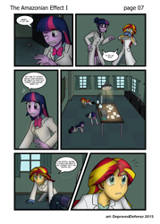 Size: 1000x1395 | Tagged: safe, artist:advanceddefense, artist:bluecarnationstudios, character:sunset shimmer, character:twilight sparkle, character:twilight sparkle (scitwi), species:eqg human, comic:the amazonian effect, my little pony:equestria girls, clothing, comic, explicit series, lab coat, mouse, patreon, searching