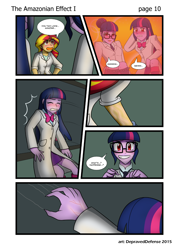 Size: 1000x1395 | Tagged: safe, artist:advanceddefense, artist:bluecarnationstudios, character:sunset shimmer, character:twilight sparkle, character:twilight sparkle (scitwi), species:eqg human, comic:the amazonian effect, my little pony:equestria girls, blushing, canterlot high, clothing, comic, counterparts, dialogue, explicit series, eyes closed, glasses, lab coat, open mouth, red eyes, skirt, speech bubble, talking, transformation, twilight's counterparts